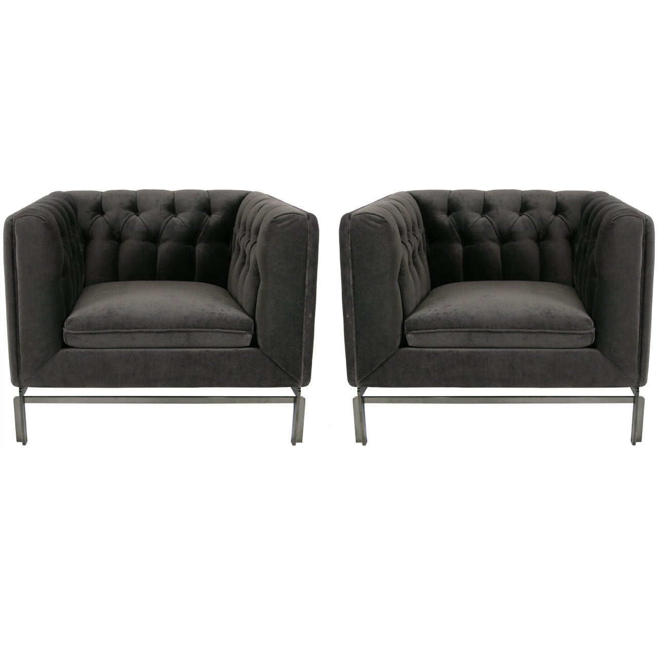 Exceptional Pair of Gunmetal Base Club Chairs by Stow-Davis