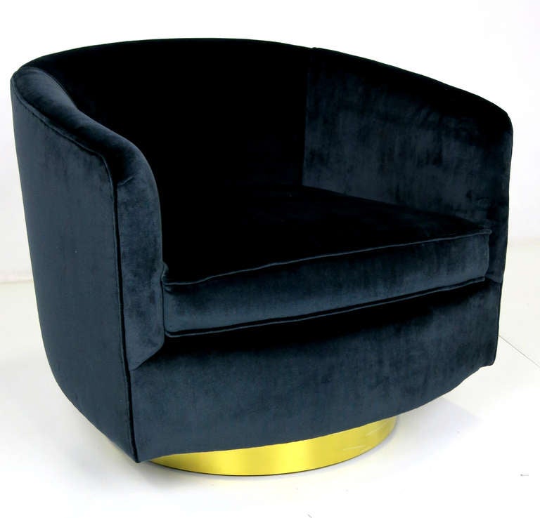 Modern Pair of Navy Blue Velvet Swivel Chairs by Milo Baughman