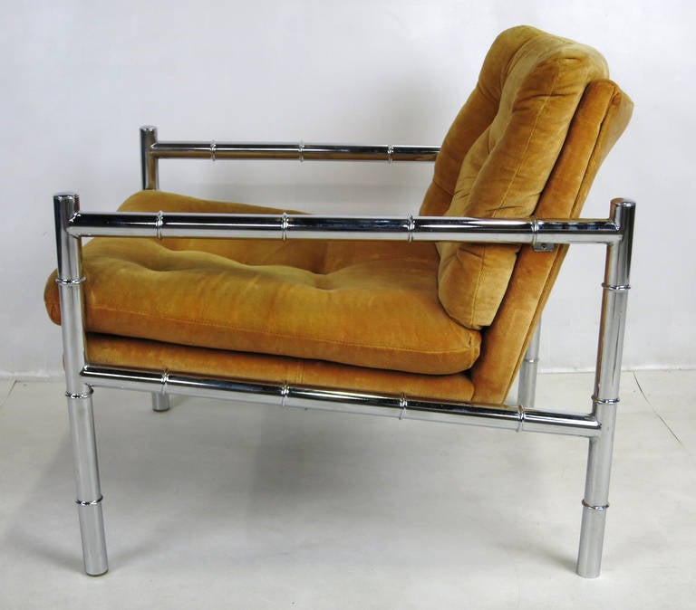 Finely crafted Rare Faux Bamboo frame Lounge Chair in the style of Milo Baughman.