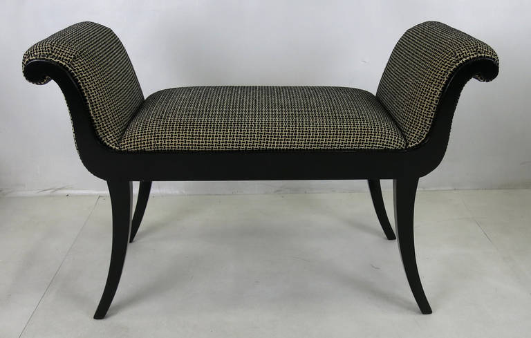 Gorgeous 40's Moderne Bench freshly refinished and upholstered in a heavy woven cotton tuxedo check.