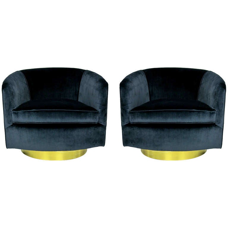 Pair of Navy Blue Velvet Swivel Chairs by Milo Baughman at 1stDibs
