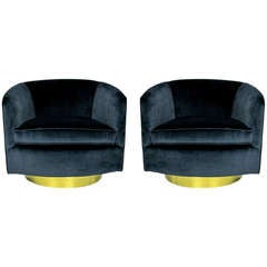 Pair of Navy Blue Velvet Swivel Chairs by Milo Baughman