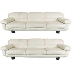 Pair of Sleek 80's Italian White Leather Sofas by Marco Zani
