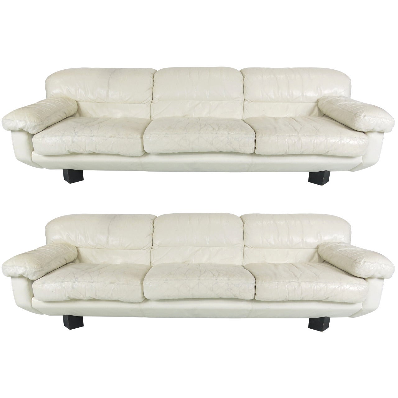 Pair of Sleek 80's Italian White Leather Sofas by Marco Zani