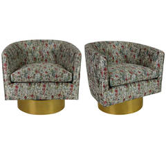 Pair of Milo Baughman Swivel Lounge Chairs with Brass Bases