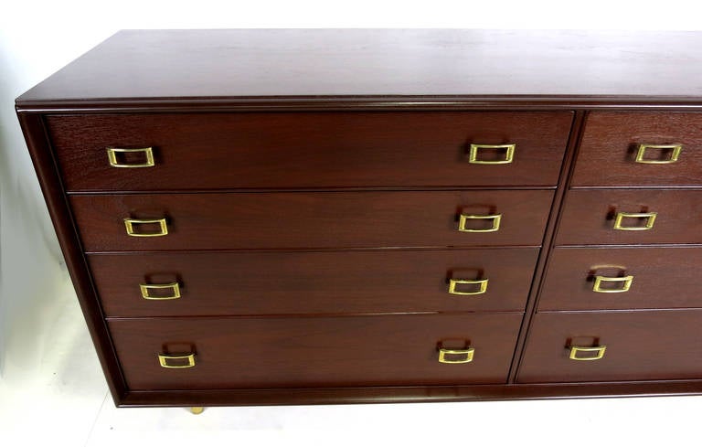 Walnut Dresser with Brass Hardware by Paul Frankl for Johnson Furniture In Excellent Condition In Danville, CA