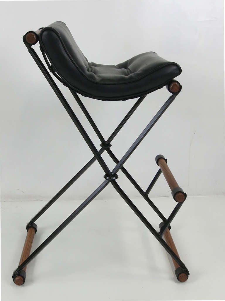 American Pair of Iron and Oak Bar Stools by Cleo Baldon for Terra