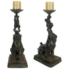 Large Pair of Asian Bronze Figural Candlesticks