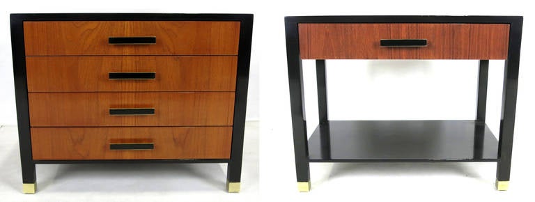 Handsome pair of nightstands by Harvey Probber with rosewood tops and drawer fronts. The brass hardware is inset with lacquered rosewood. The pair has been refinished as original.