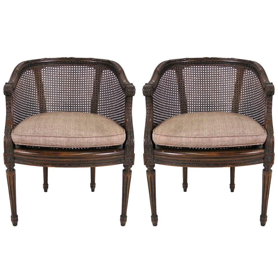 Pair of Louis XVI Style Cane Back Bergeres