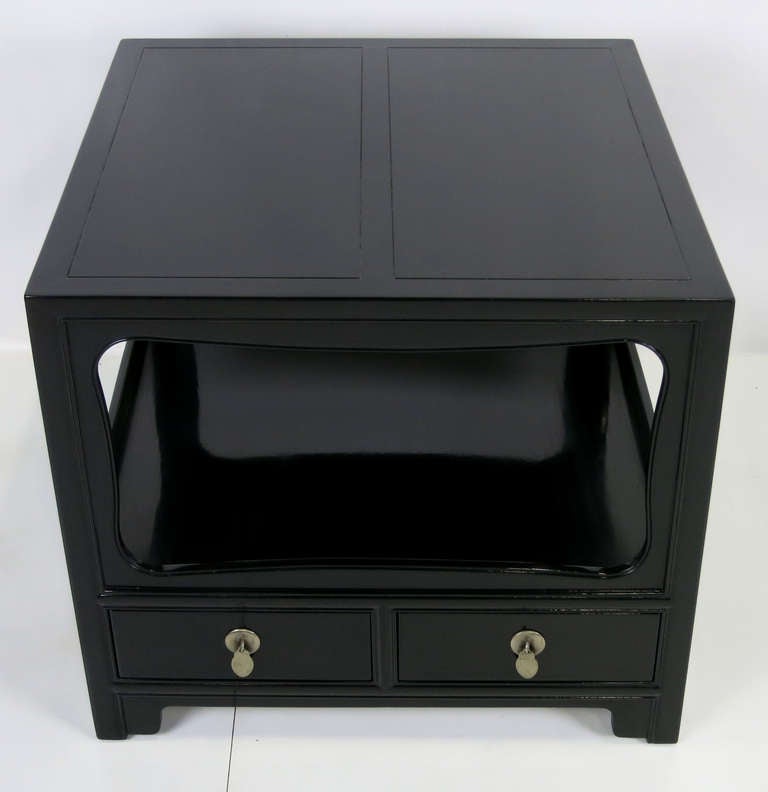 Pair of French Polished Black Lacquer Night stands from Baker's Far East Collection by Winsor White and Michael Taylor.