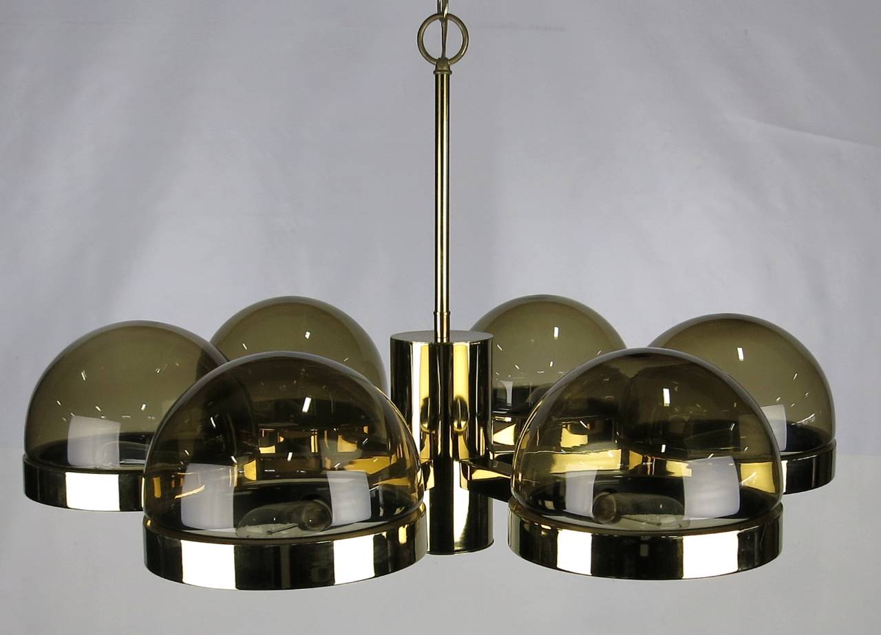 Large 1970s Mod Brass and Smoked Glass Chandelier (Moderne)