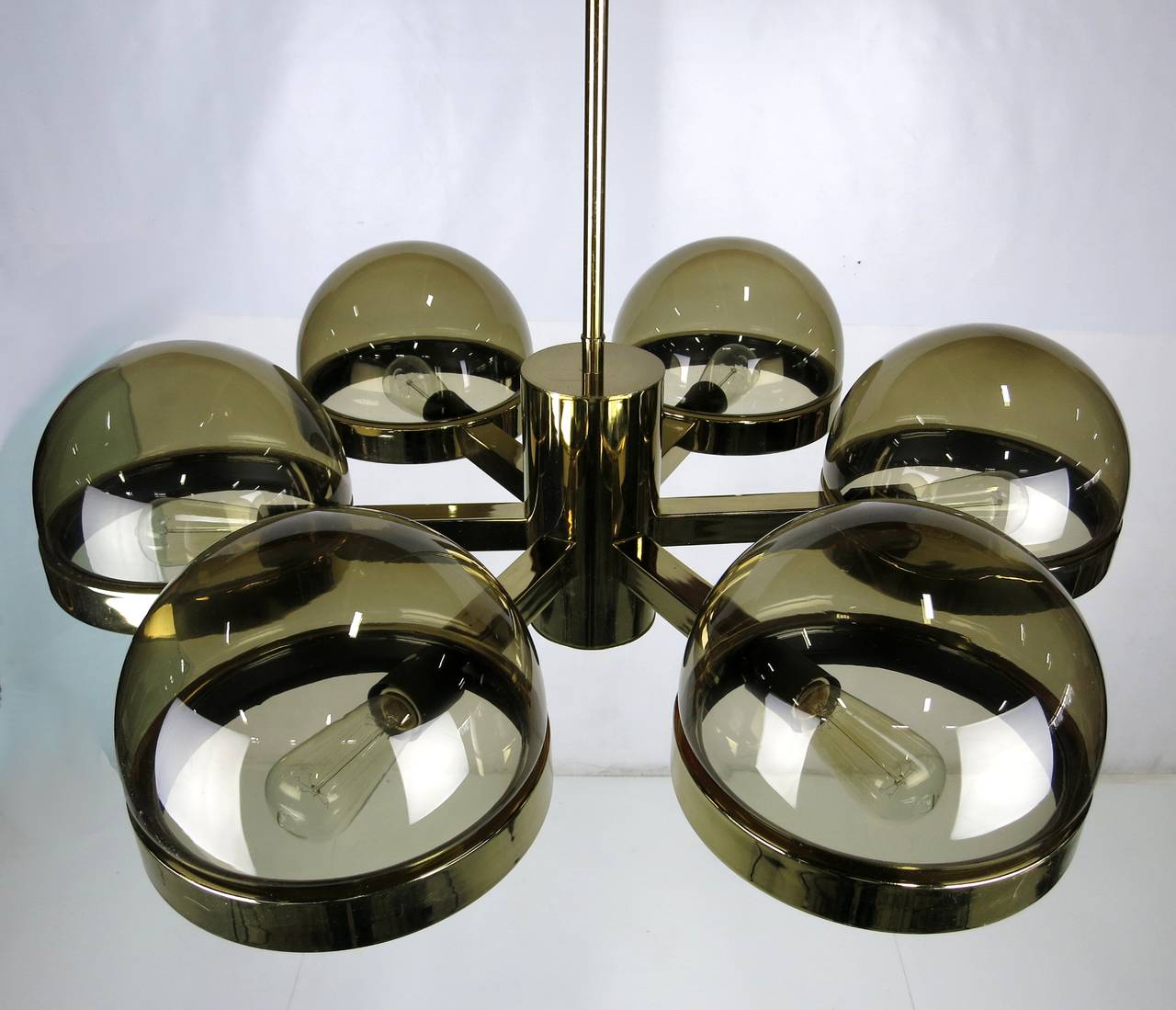 American Large 1970s Mod Brass and Smoked Glass Chandelier