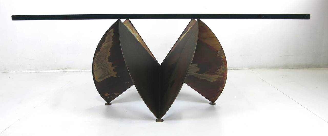 Incredible Bronze plated steel Coffee Table base in an abstract Flower form in the spirit of Paul Evans.  The surface has been artistically etched, bringing out a beautiful finish on the metal.  The table base alone measures 24