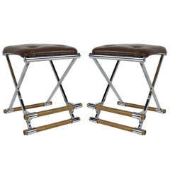 Pair of Chrome & Oak Counter Stools after Cleo Baldon