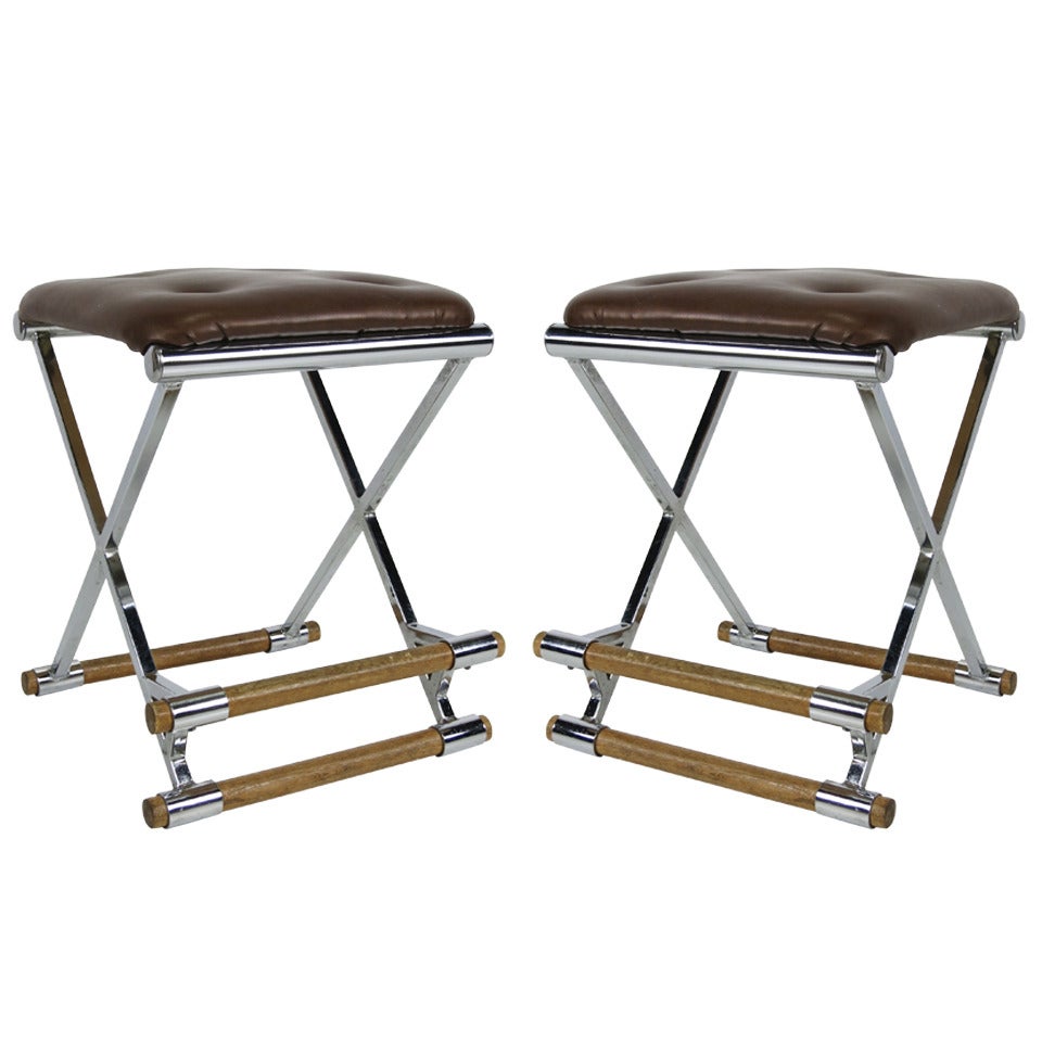 Pair of Chrome & Oak Counter Stools after Cleo Baldon