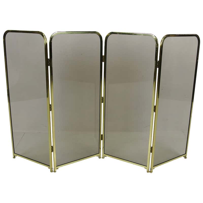 Four Panel Brass and Smoked Glass Fire Screen-England at 1stDibs