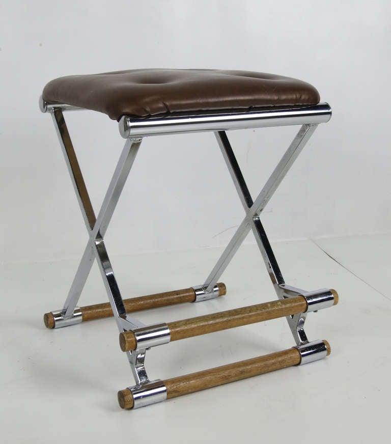 Modernist Chrome Counter Stools with Oak Stretchers and foot rests after earlier designs by Cleo Baldon.
