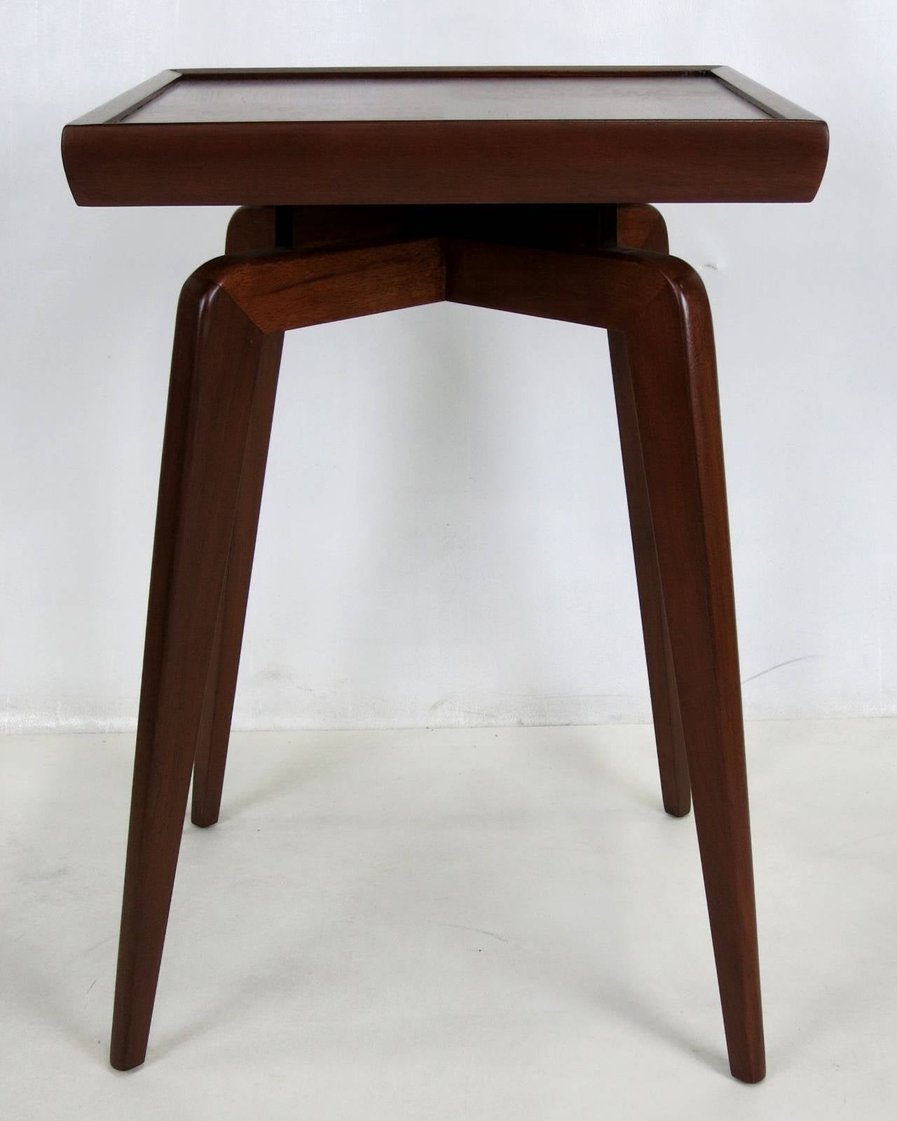 Dramatic pair of Spider Leg Side Tables with Quartered Parquet top in the style of Gio Ponti.  The pair have been freshly refinished in Medium Walnut Lacquer.  Top quality materials and workmanship.  