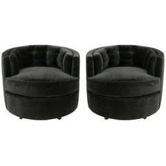 Pair of Tufted Back Swivel Barrel Chairs by Milo Baughman