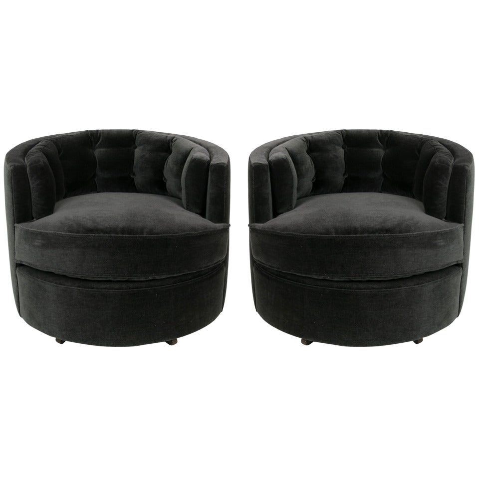 Pair of Tufted Back Swivel Barrel Chairs by Milo Baughman