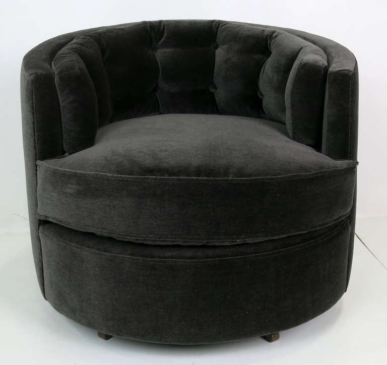 Pair of Swivel Barrel Chairs by Milo Baughman, freshly upholstered in heavy Charcoal Grey Velvet.