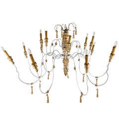 Huge Italian Iron and Carved Parcel Gilt Wood Chandelier