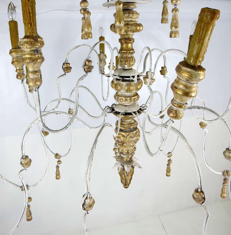Huge Italian Iron and Carved Parcel Gilt Wood Chandelier In Excellent Condition In Danville, CA