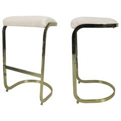 Pair of Cantilevered Brass Barstools