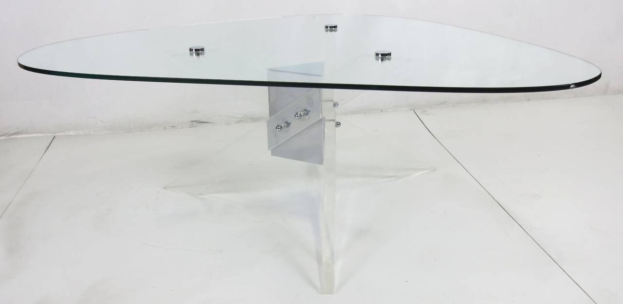 American Lucite and Polished Steel Tripod Coffee Table with Free-Form Top