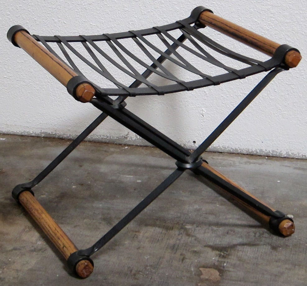 Pair of Iron and Oak X-base Stools or Ottomans by Cleo Baldon.