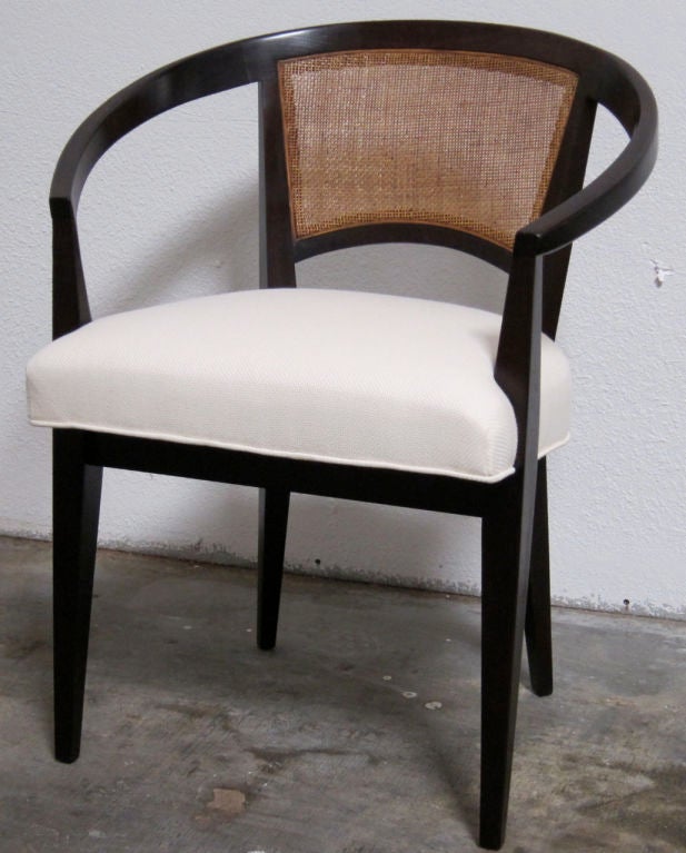 Exquisite set of hoop backed Modern dining chairs with cane backs by Harvey Probber.  The chairs are distinguished by the finest imaginable materials and craftsmanship.  Freshly refinished and upholstered.  Chairs are 19