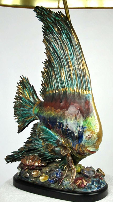 Spectacular glazed Ceramic Sunfish by Professore Eugenio Pattarino for Marbro.  Original gold velvet shade with abstract school of fish applique.  The iridescent/metallic Polychrome glazed fish figure by itself is 24