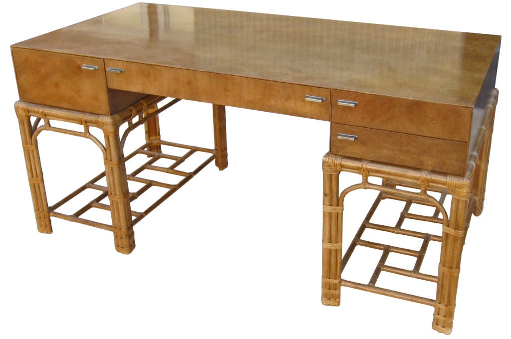 Fine Burlwood Executive Desk w/Rattan Base by Winsor White