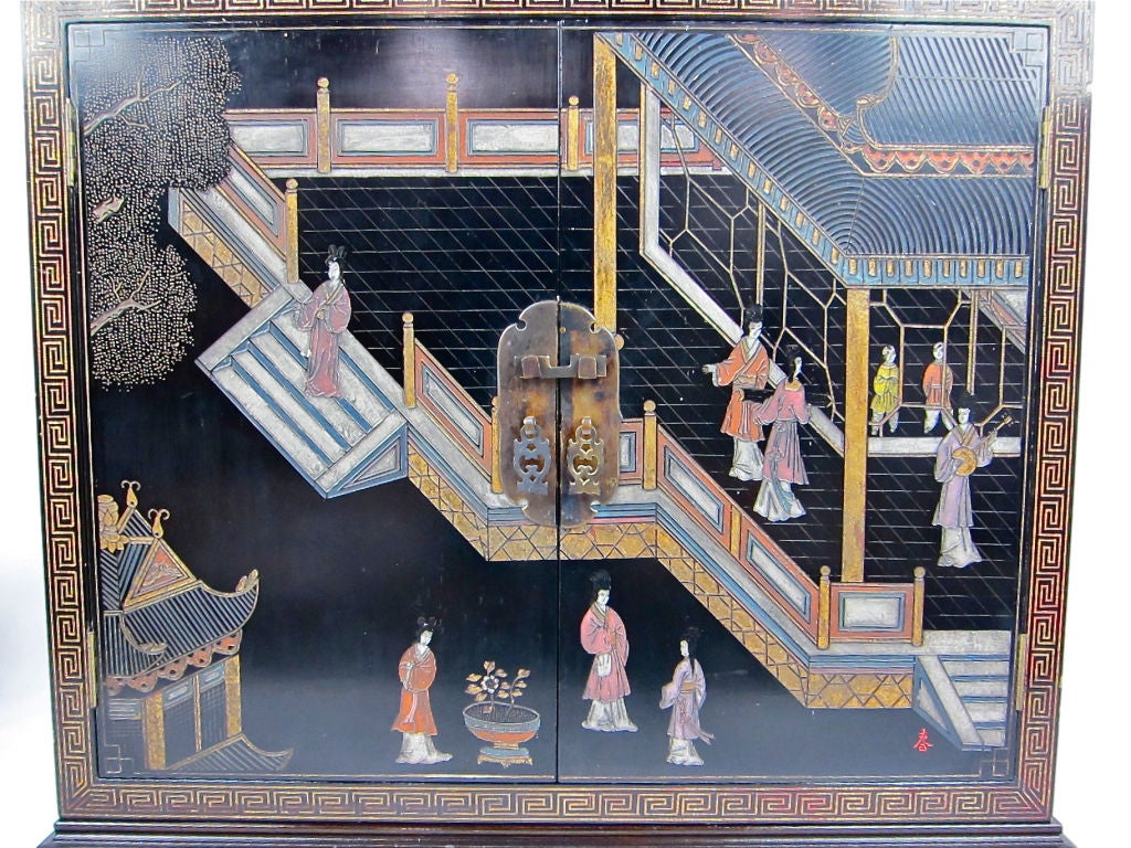 Mid-20th Century Coromandel Lacquer Cabinet on Mahogany Stand
