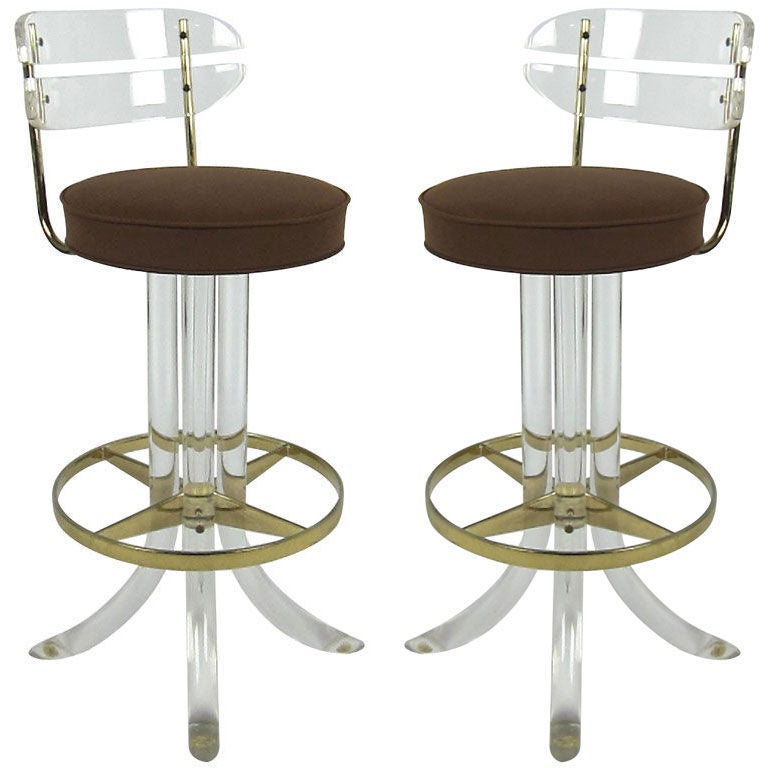 Pair of 70's Lucite & Brass Bar stools