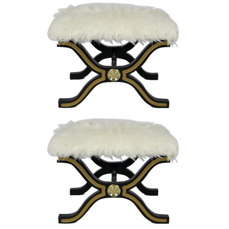 Pair of Dorothy Draper Espana Stools with Tibetan Wool Seats