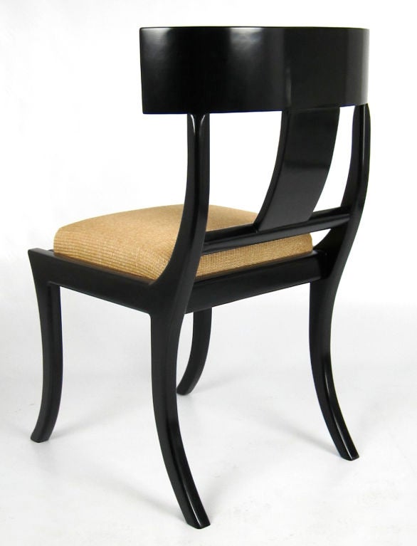 Pair of Klismos Chairs freshly refinished in black Lacquer with woven Bamboo/Raffia seats, freshly upholstered.<br />
<br />
<br />
<br />
<br />
<br />
<br />
Keywords:  Robsjohn-Gibbings, Widdicomb, Dunbar, NeoClassical