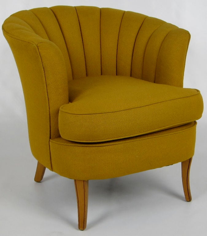 Pair of Deco style Channel back Tub Chair with sabre legs.  The pair are upholstered in their original Mustard wool fabric.  The legs are glazed to match the upholstery.