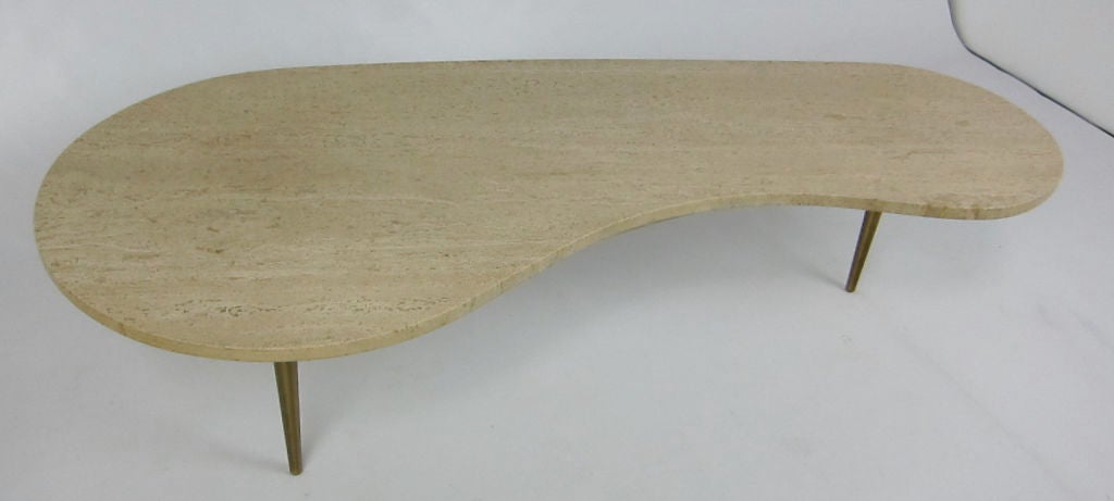 Freeform Travertine Coffee Table with Brass Legs