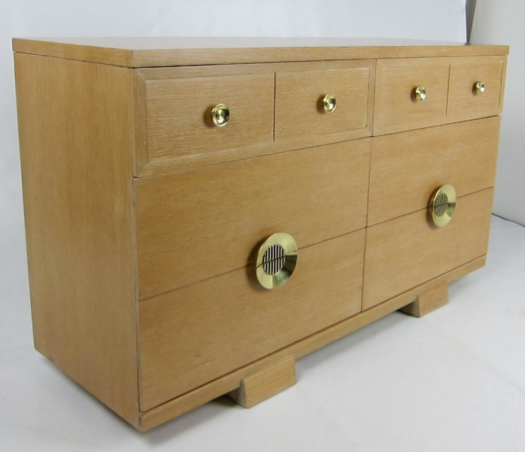 Excellent example of Post Art Deco Industrial Design Furniture by Raymond Loewy for Mengel.  Chest is constructed of Cerused Oak that has been freshly refinished.  Hardware is freshly polished and lacquered. Matching high chest available.