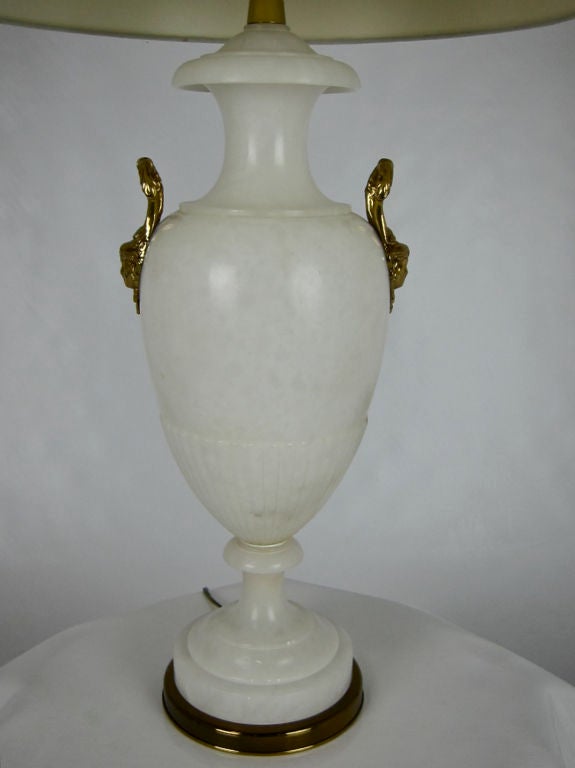 Large scale pair of Alabaster Urn lamps with Bronze Ormolu by Marbro.  Shades are for display only and are not included with lamps.  