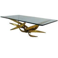 Large Brutalist Torch Cut Gilt Metal Coffee Table
