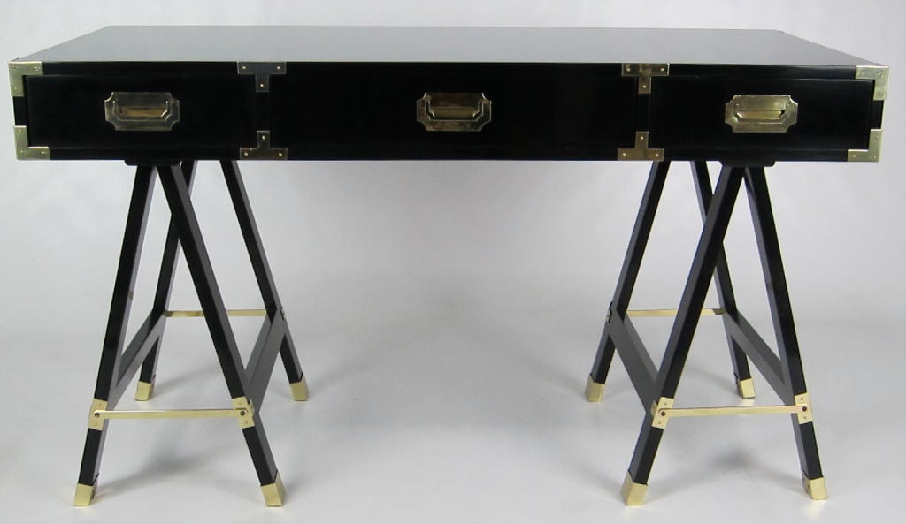 American Polished Black Lacquer Campaign Desk with Brass Hardware