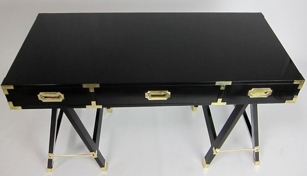 Mid-20th Century Polished Black Lacquer Campaign Desk with Brass Hardware