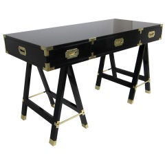 Polished Black Lacquer Campaign Desk with Brass Hardware