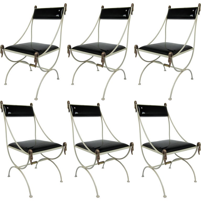 Set of Six Metal Regency Chairs with Bronze Swan Mounts