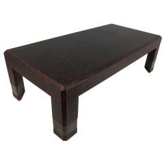Large Oxblood Lacquered Cane Coffee Table with Bronze Cuffs