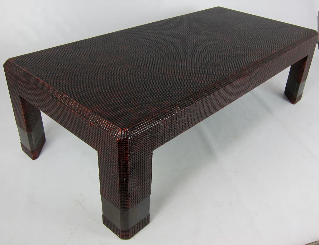 Large Oxblood Lacquered Cane Coffee Table with Bronze Cuffs