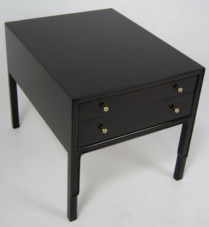 Pair of Janus Collection End Tables or Nightstands by John Stuart, NY.  Refinished in dark brown French Polished lacquer.  Brass hardware has been freshly polished and clear lacquered.